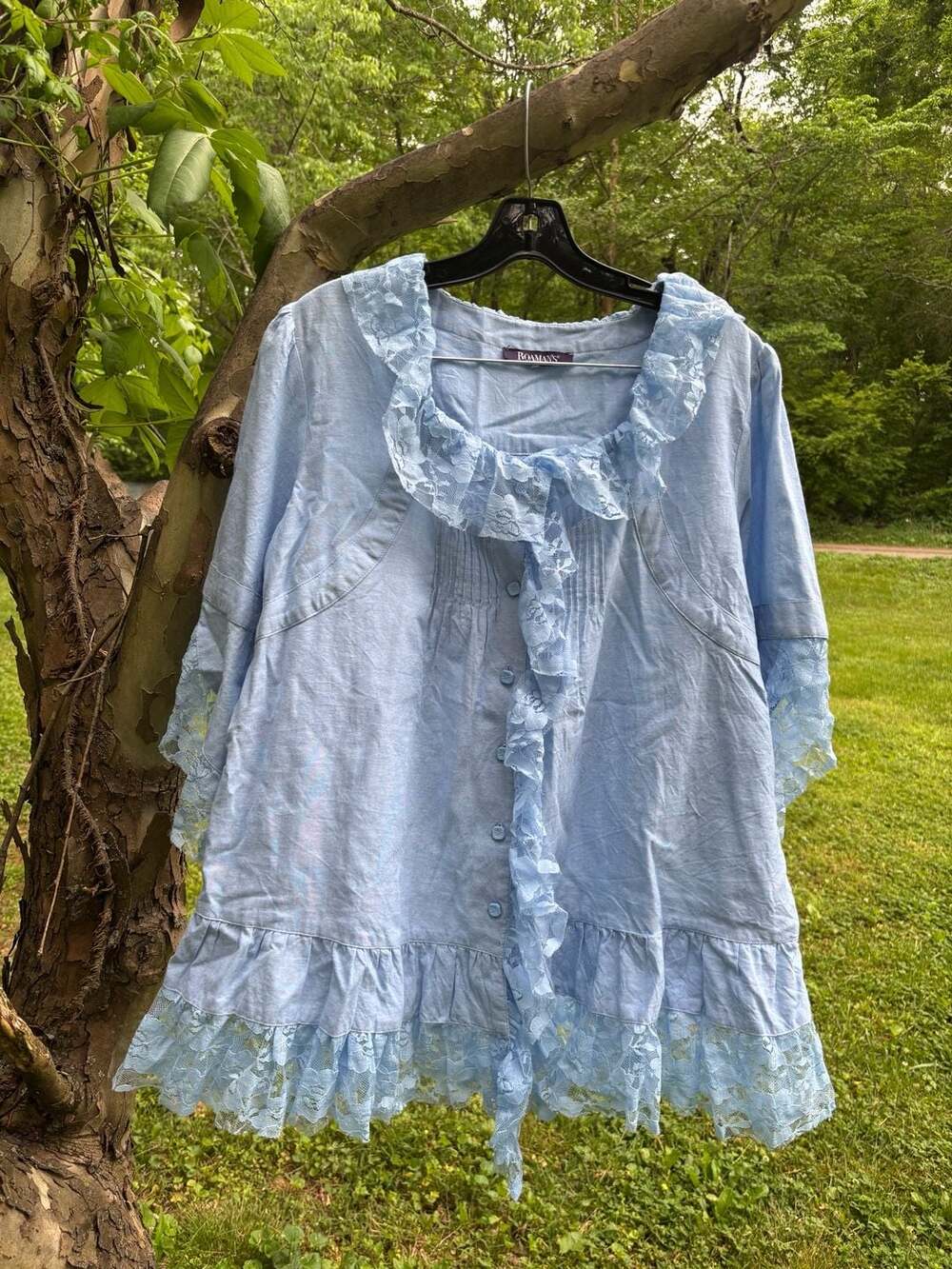 Roaman's Light Blue Lace Trim Button-Front Blouse